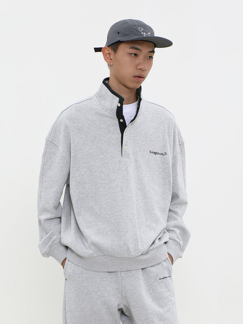 【460G】Embroidered Logo Half Snap Sweatshirt   N4679