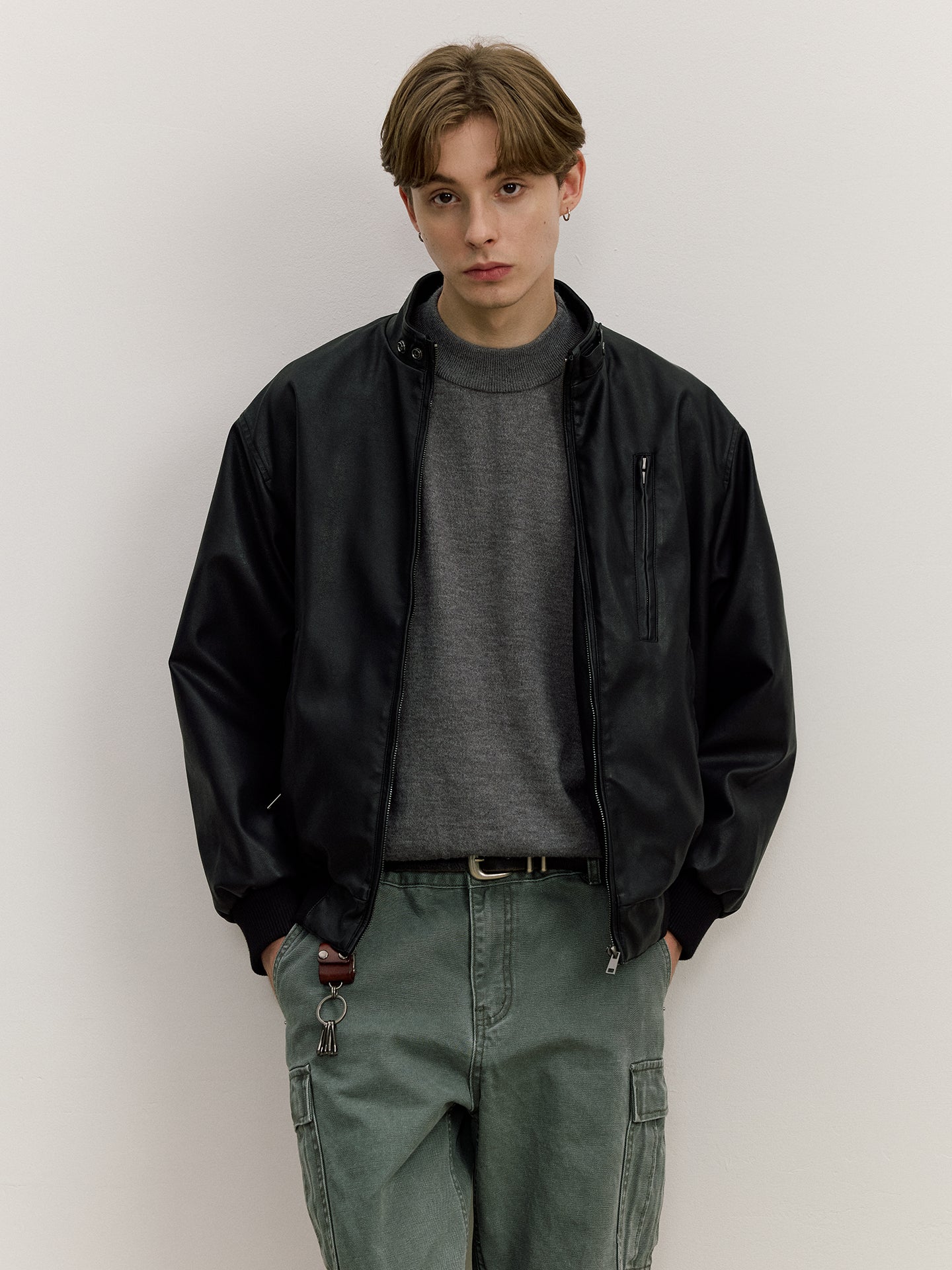 ウールライニング・スタンドカラー・PUレザージャケット N6147