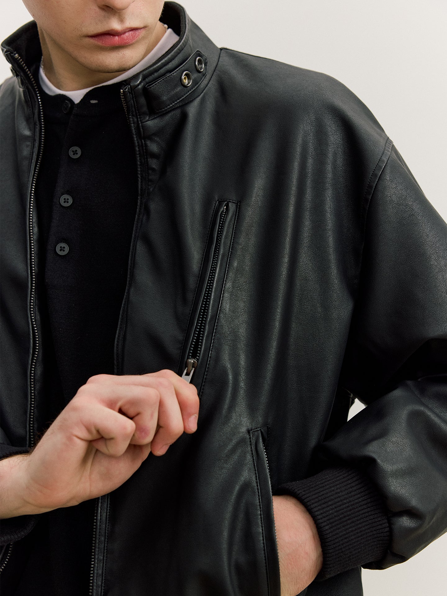 ウールライニング・スタンドカラー・PUレザージャケット N6147