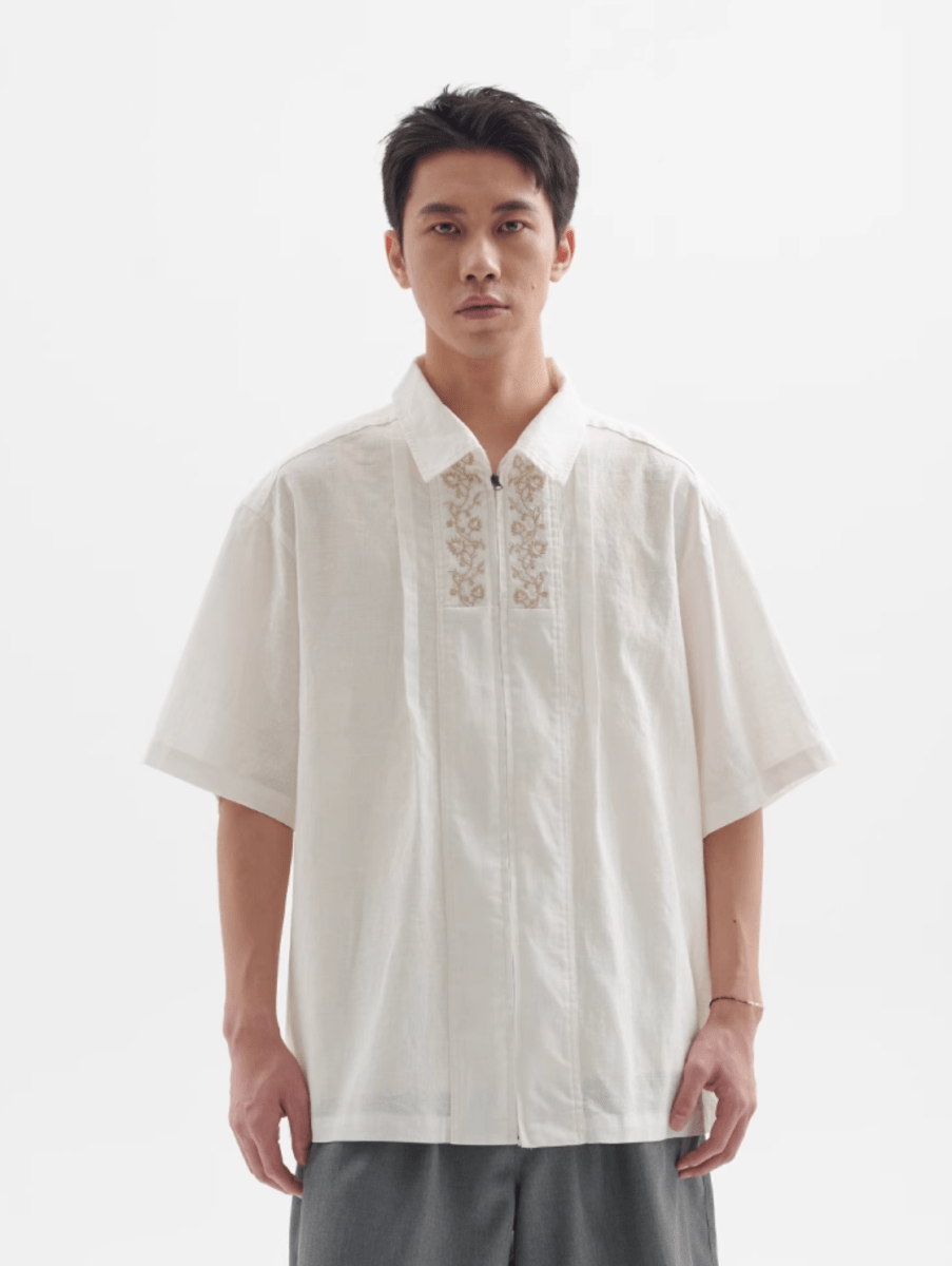フラワー刺繍ジップシャツ メンズ レディース 綿100% 長袖｜Flower Embroidered Zip SHIRT N5374 - メンズファッション通販 NNine(ナイン)