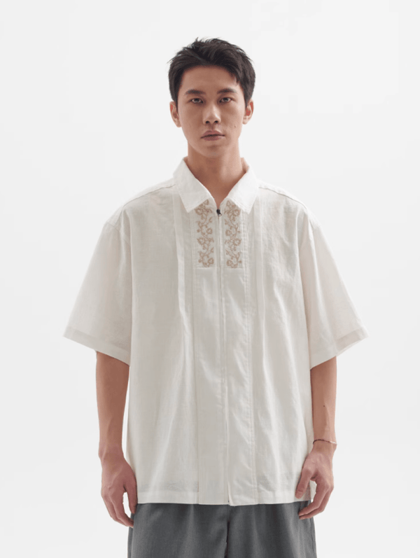 フラワー刺繍ジップシャツ メンズ レディース 綿100% 長袖｜Flower Embroidered Zip SHIRT N5374 - メンズファッション通販 NNine(ナイン)