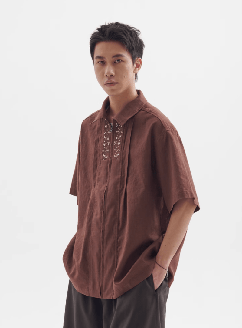 フラワー刺繍ジップシャツ メンズ レディース 綿100% 長袖｜Flower Embroidered Zip SHIRT N5374 - メンズファッション通販 NNine(ナイン)