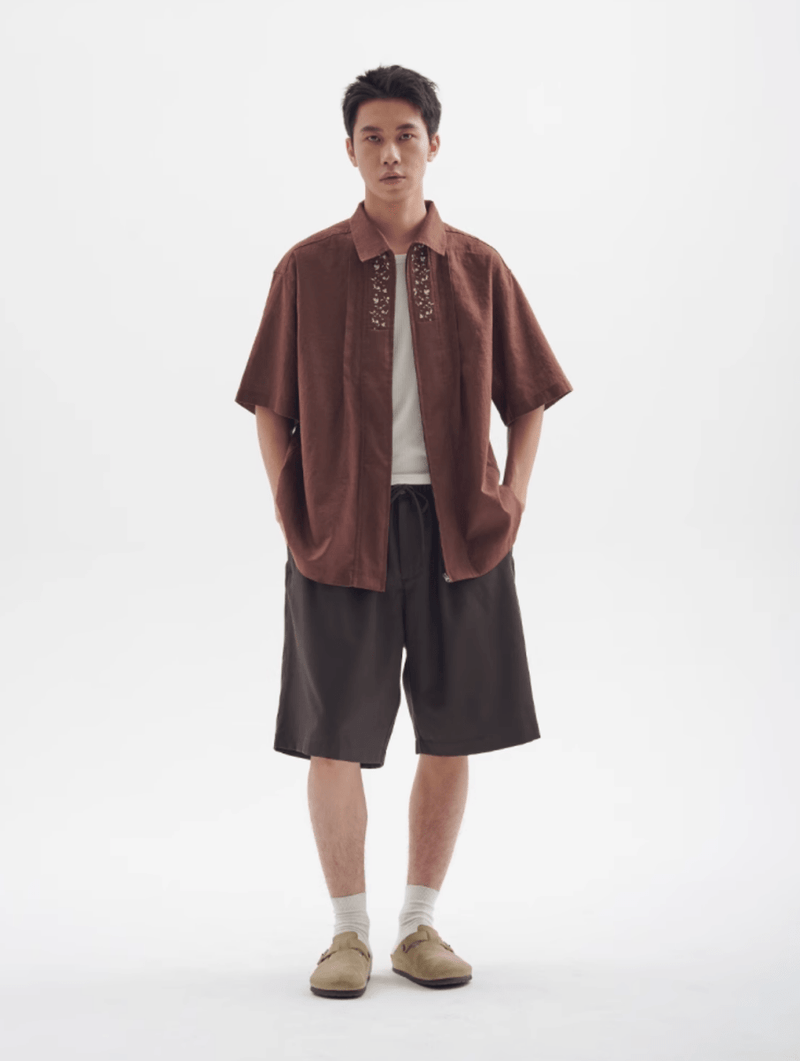 フラワー刺繍ジップシャツ メンズ レディース 綿100% 長袖｜Flower Embroidered Zip SHIRT N5374 - メンズファッション通販 NNine(ナイン)