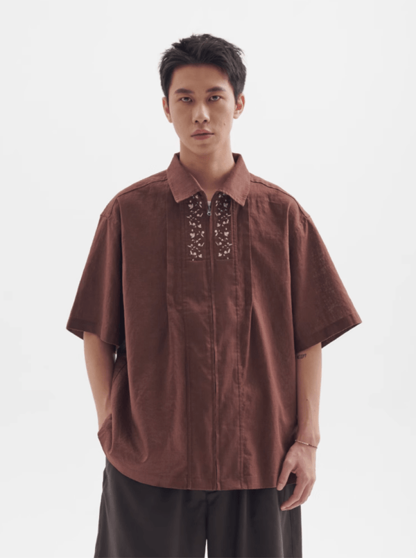 フラワー刺繍ジップシャツ メンズ レディース 綿100% 長袖｜Flower Embroidered Zip SHIRT N5374 - メンズファッション通販 NNine(ナイン)