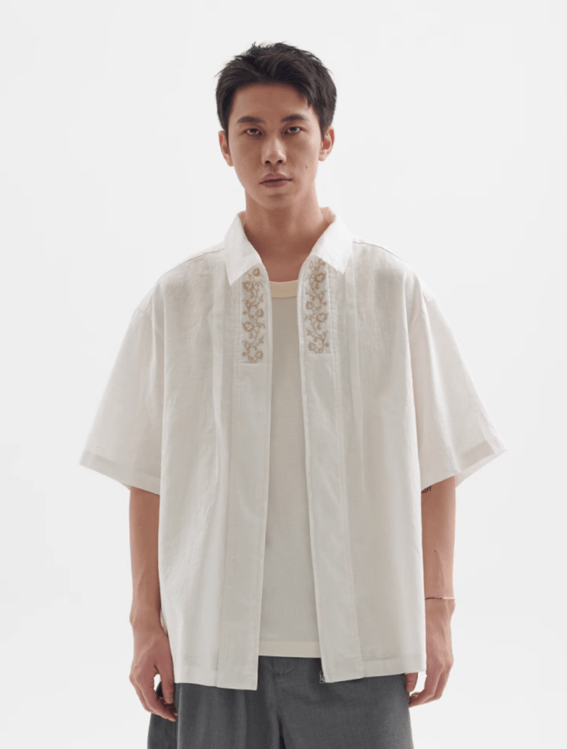 フラワー刺繍ジップシャツ メンズ レディース 綿100% 長袖｜Flower Embroidered Zip SHIRT N5374 - メンズファッション通販 NNine(ナイン)