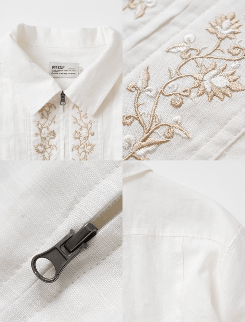フラワー刺繍ジップシャツ メンズ レディース 綿100% 長袖｜Flower Embroidered Zip SHIRT N5374 - メンズファッション通販 NNine(ナイン)
