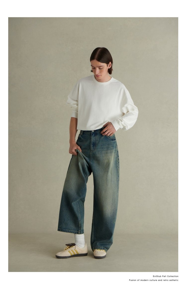 14.5oz】washed wide leg jeans N3484