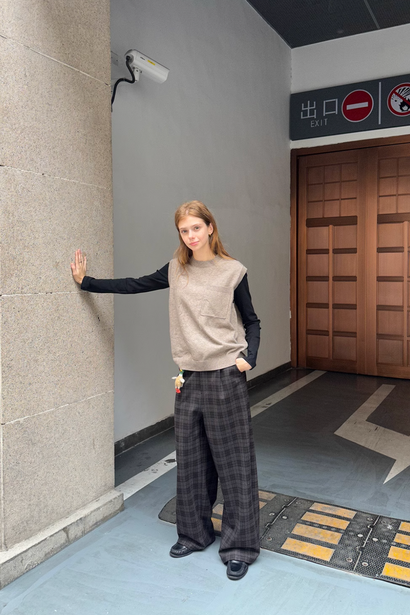 Retro plaid pants / Check pattern straight pants N4096