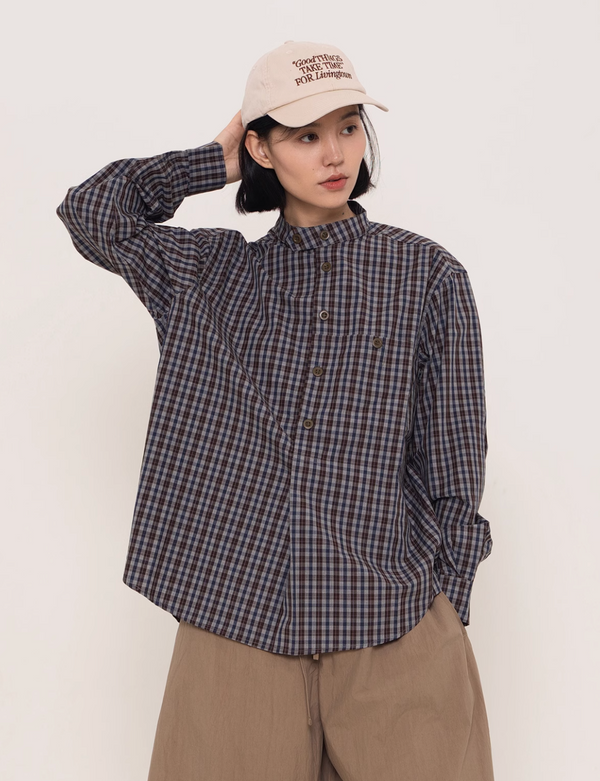 retro plaid stand collar shirt N4313