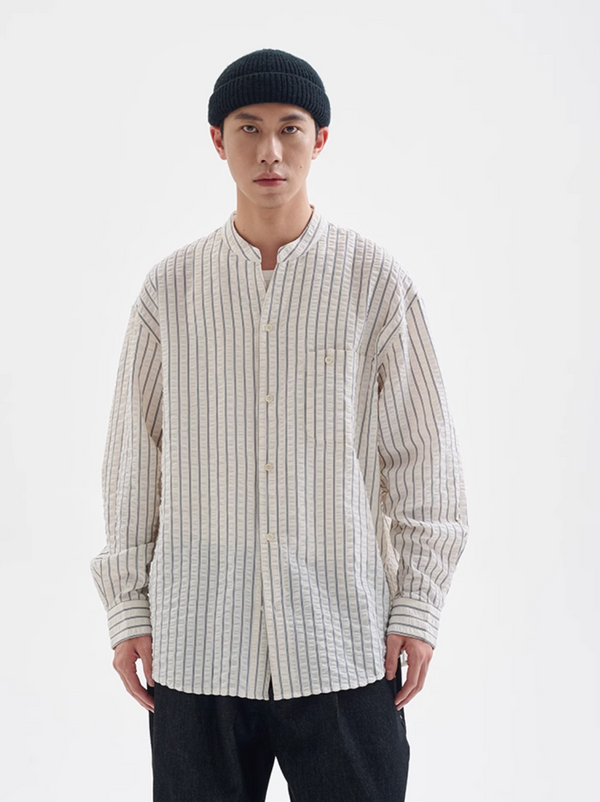 【シアーサッカー】collarless striped shirt   N4341