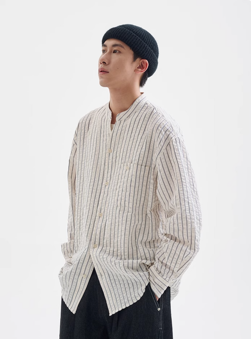 【シアーサッカー】collarless striped shirt   N4341