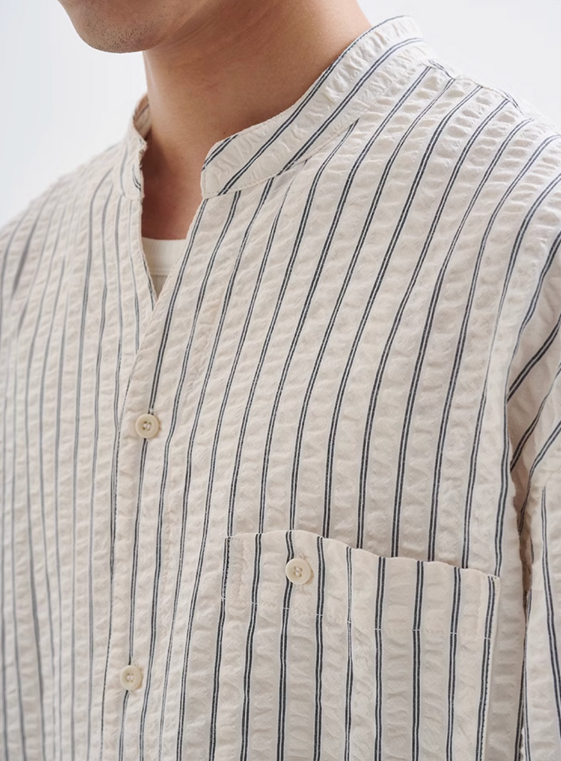 【シアーサッカー】collarless striped shirt   N4341