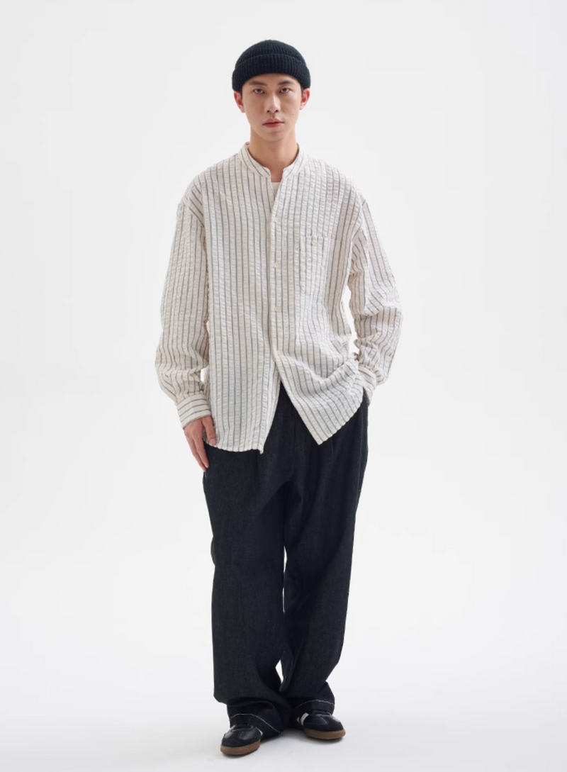 【シアーサッカー】collarless striped shirt   N4341