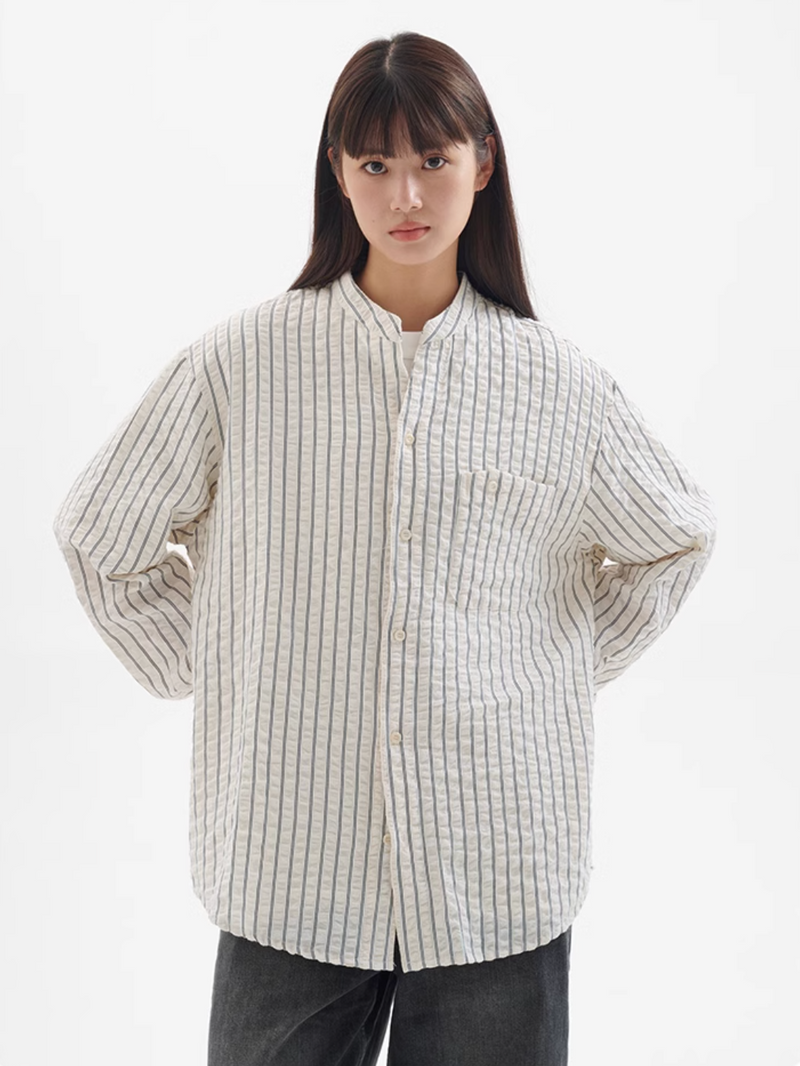 【シアーサッカー】collarless striped shirt   N4341