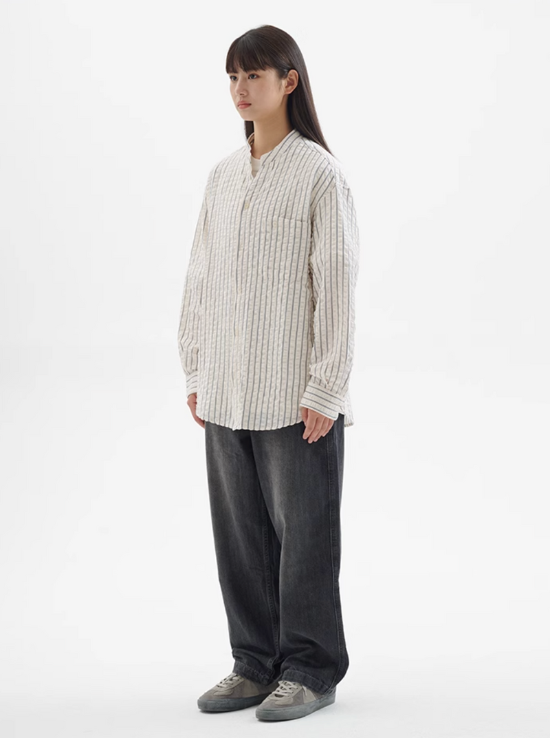 【シアーサッカー】collarless striped shirt   N4341