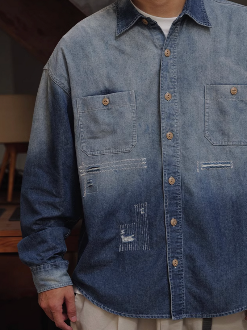 【5oz】gradient wash denim shirt  / ダメージデニムシャツ N4395