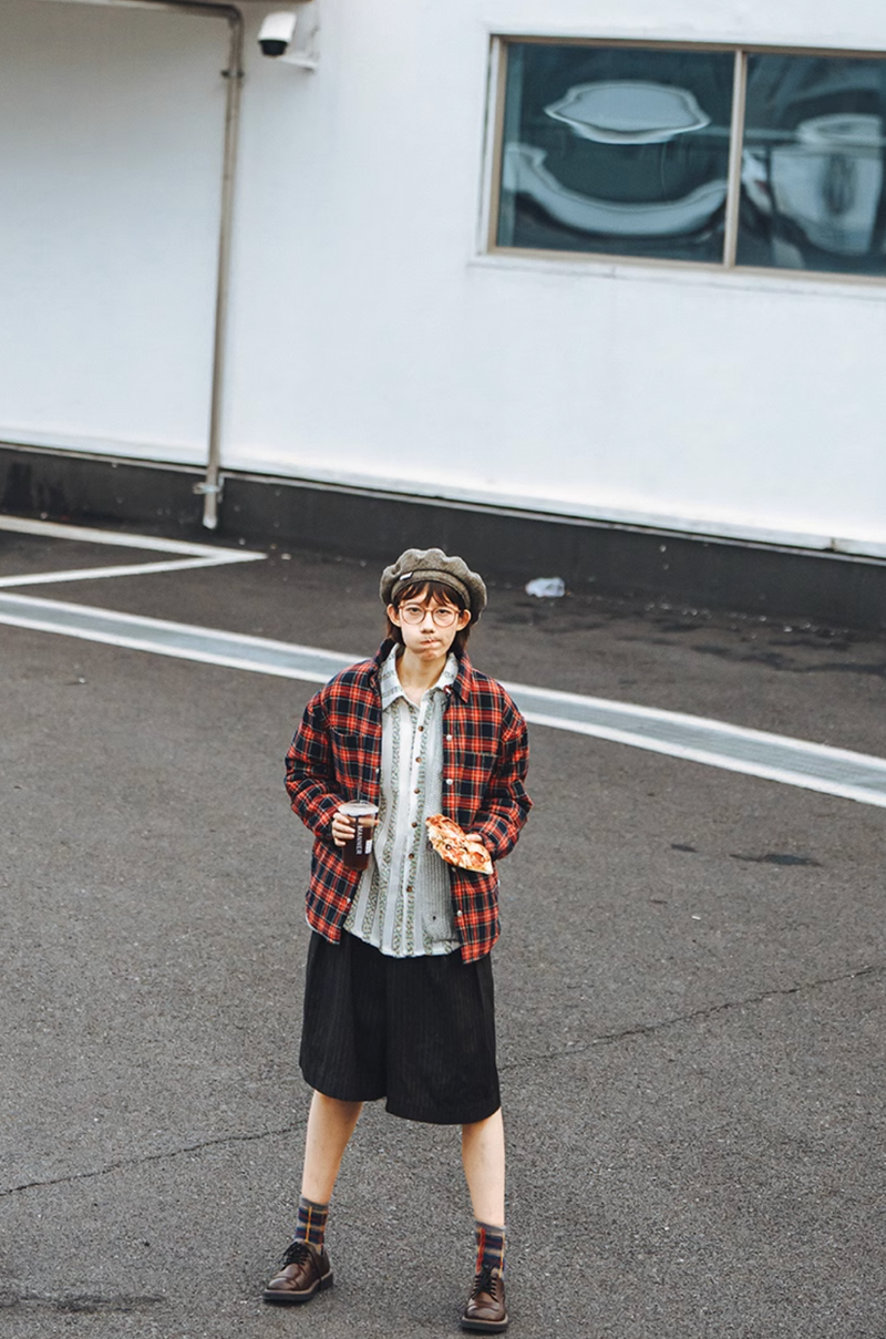 red check shirt / Oversized regular-collar long-sleeved flannel shirt N4553