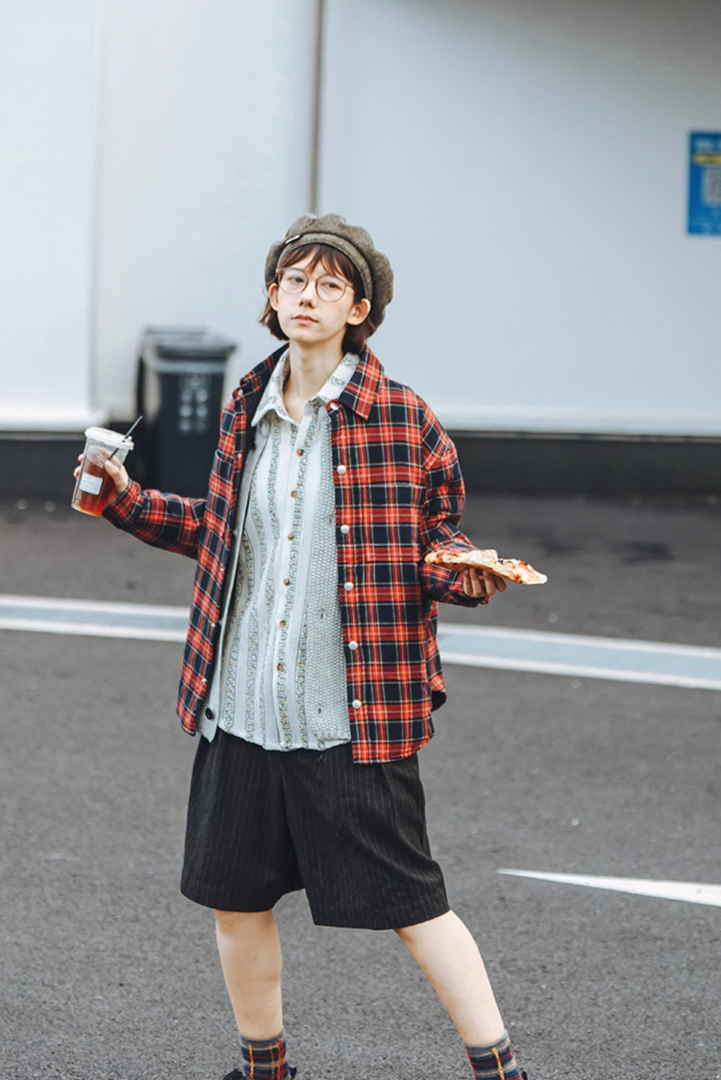 red check shirt / Oversized regular-collar long-sleeved flannel shirt N4553