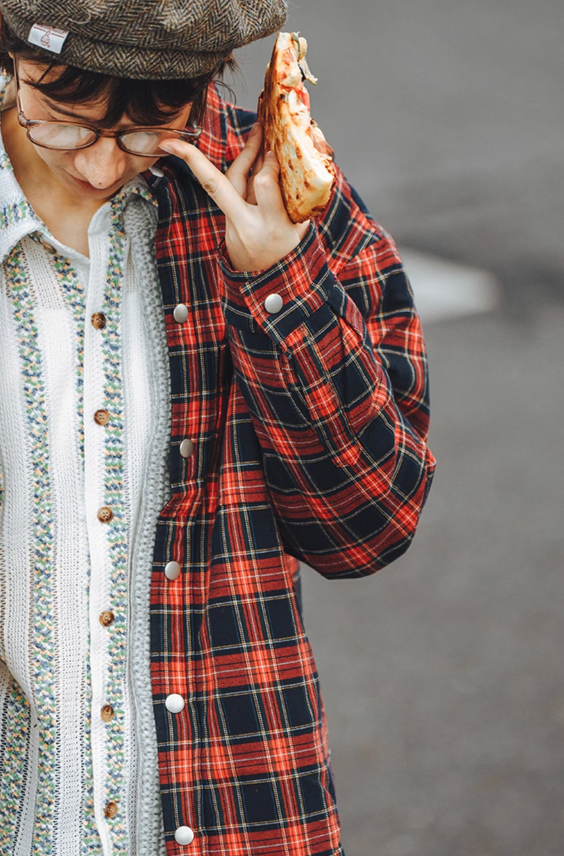 red check shirt / Oversized regular-collar long-sleeved flannel shirt N4553