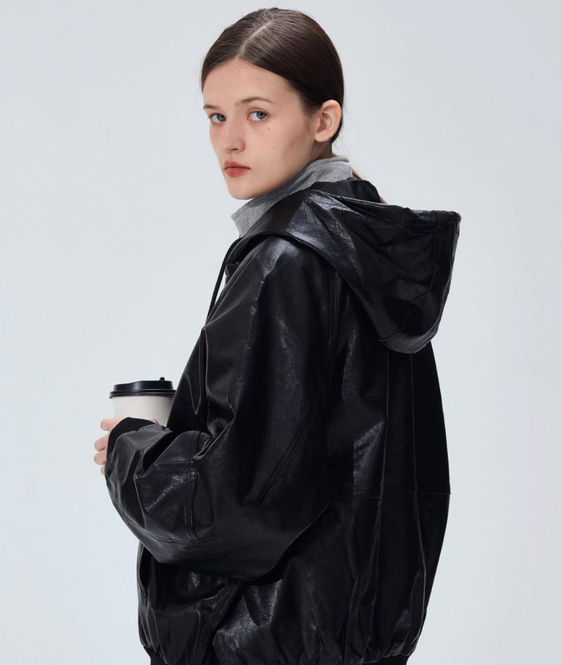 HOODED LEATHER BOMBER JACKET   N4956