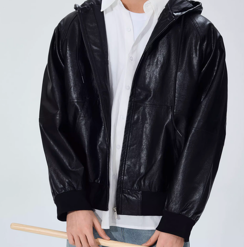 HOODED LEATHER BOMBER JACKET   N4956