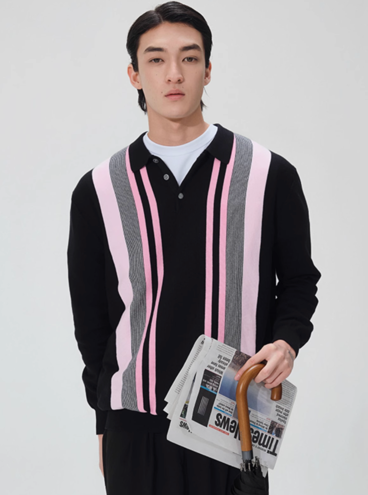 contrast pink striped polo shirt   N5127