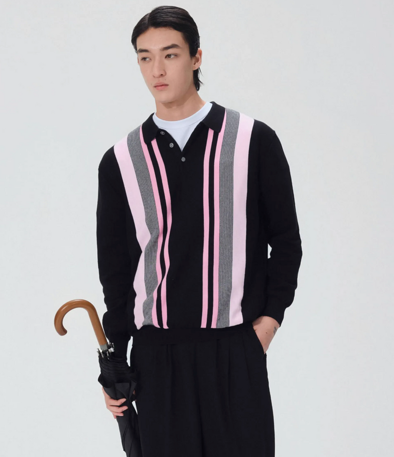 contrast pink striped polo shirt   N5127