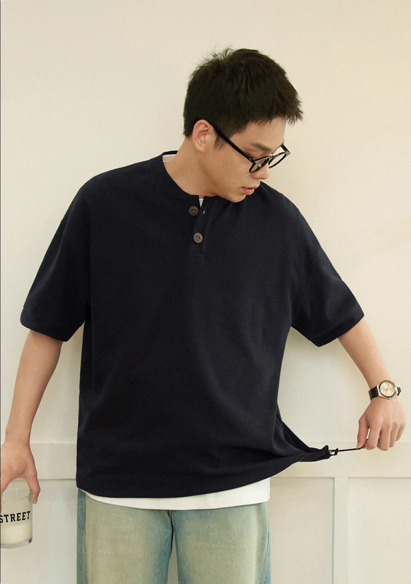 【300G】Henley collar waffle short sleeve T-shirt   N5133