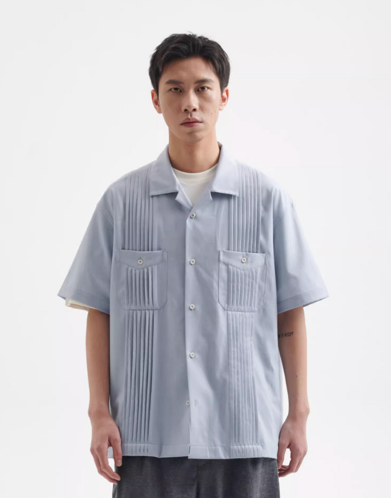 accordion pleat open collar shirt   N5357