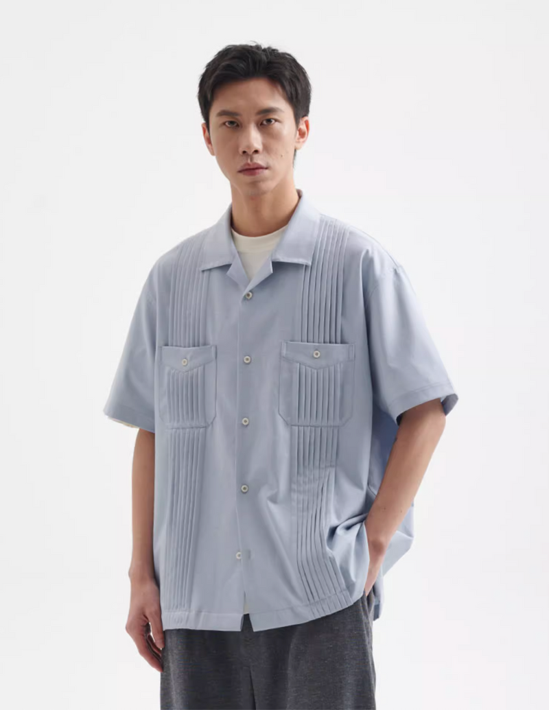accordion pleat open collar shirt   N5357