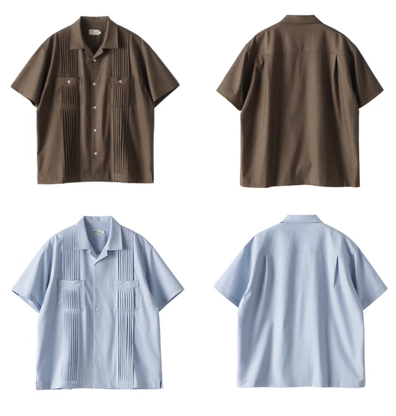 accordion pleat open collar shirt   N5357