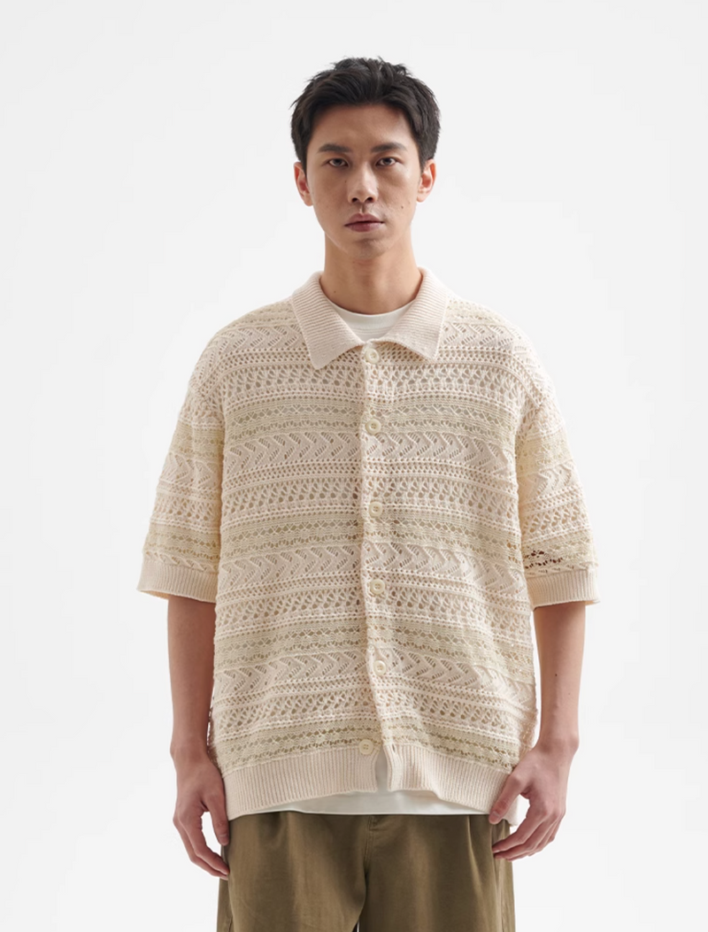 Sheer Knit Shirt Polo Collar / シアーニット シャツ 半袖 ポロ襟 透かし編み N5367