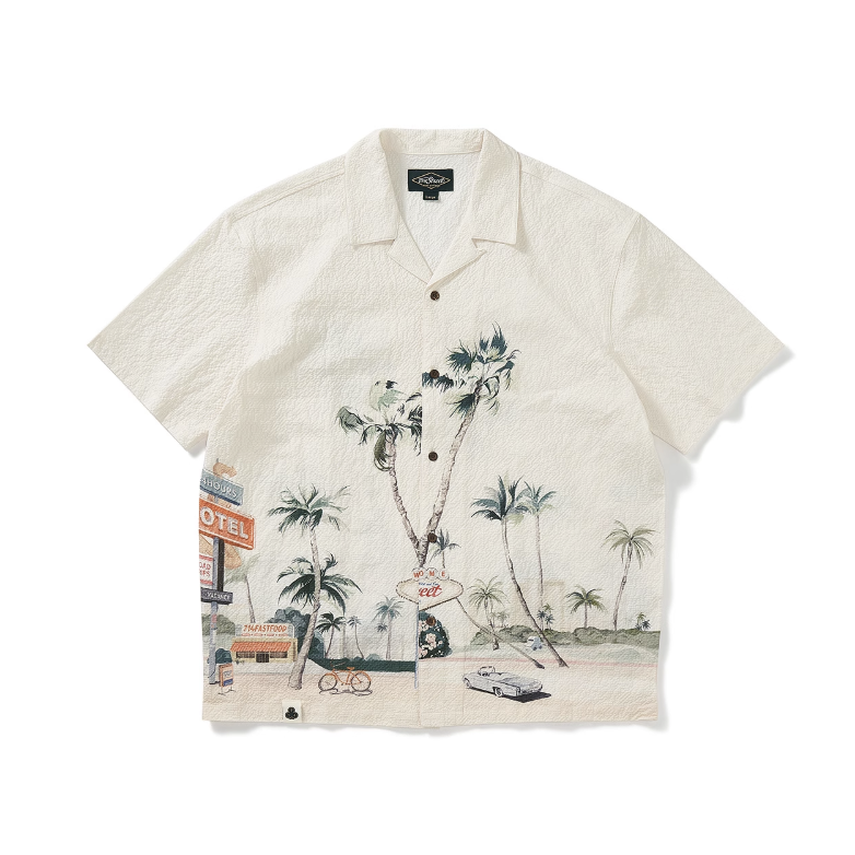 Motel Print Hawaiian Shirt Seersucker | モーテルイラスト アロハ シアサッカー リゾート レトロ  N5399