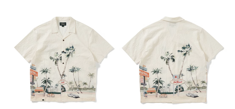 Motel Print Hawaiian Shirt Seersucker | モーテルイラスト アロハ シアサッカー リゾート レトロ  N5399