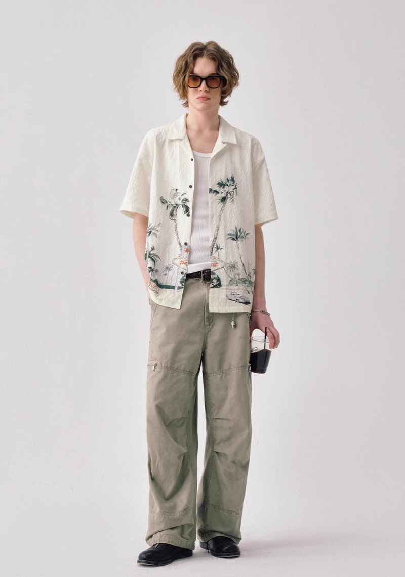 Motel Print Hawaiian Shirt Seersucker | モーテルイラスト アロハ シアサッカー リゾート レトロ  N5399