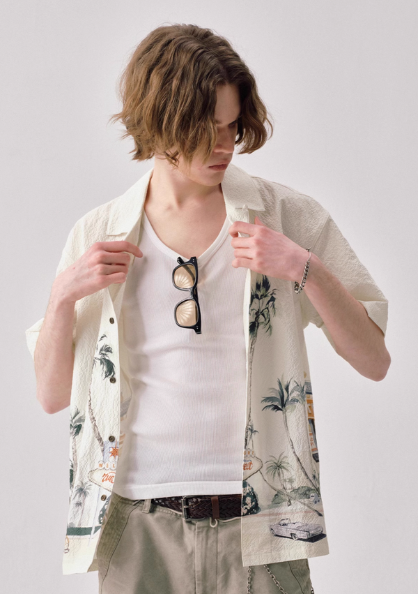 Motel Print Hawaiian Shirt Seersucker | モーテルイラスト アロハ シアサッカー リゾート レトロ  N5399
