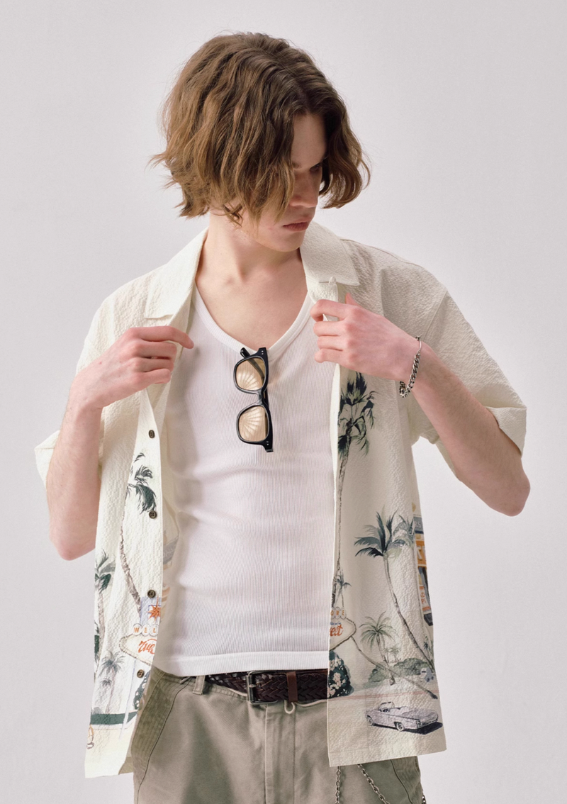 Motel Print Hawaiian Shirt Seersucker | モーテルイラスト アロハ シアサッカー リゾート レトロ  N5399