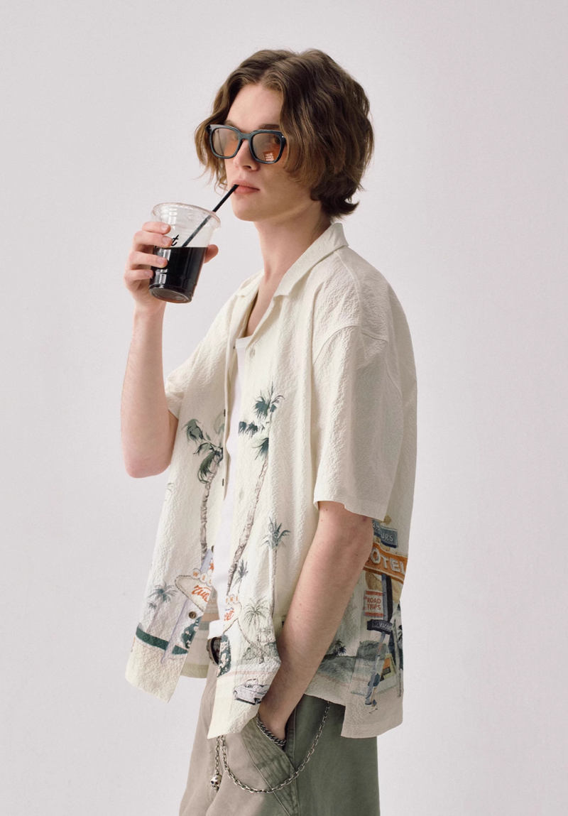 Motel Print Hawaiian Shirt Seersucker | モーテルイラスト アロハ シアサッカー リゾート レトロ  N5399