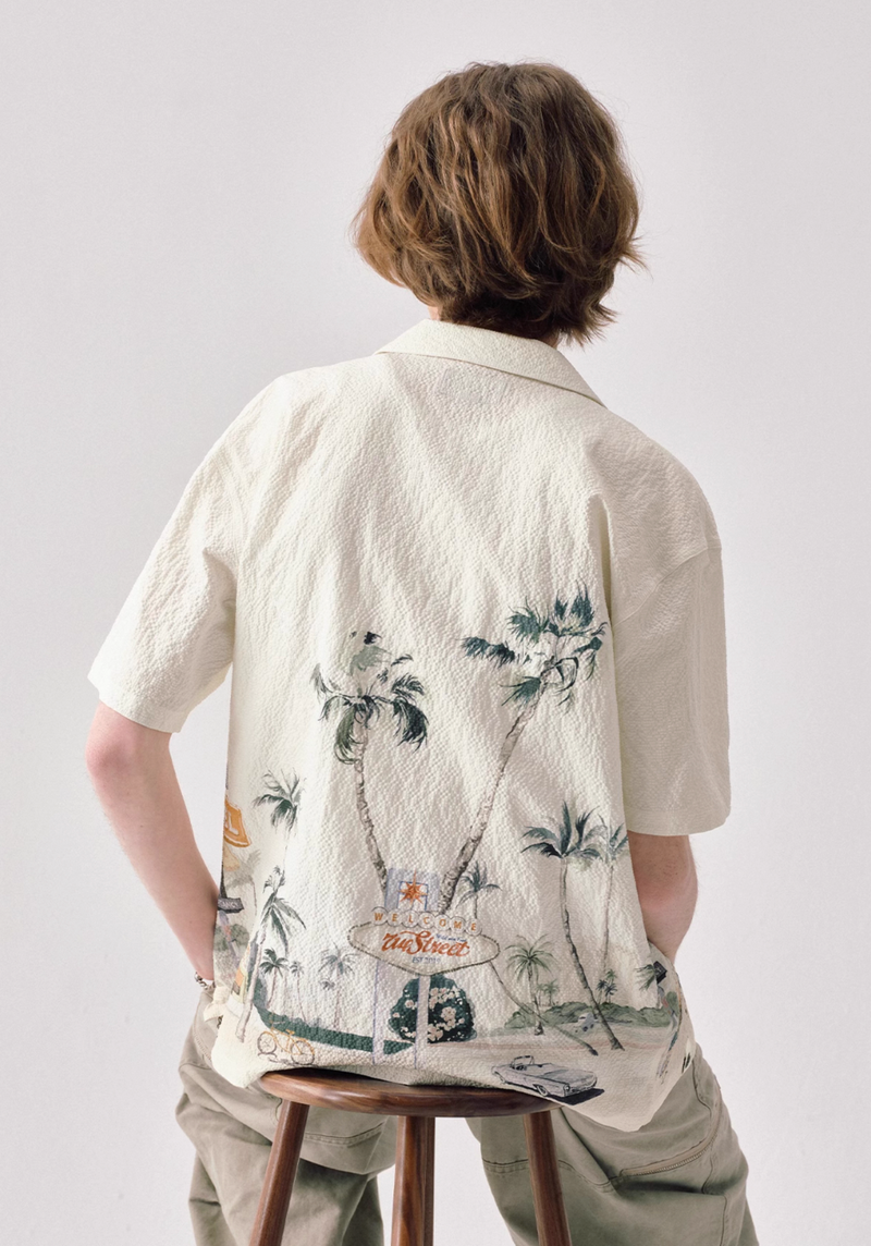 Motel Print Hawaiian Shirt Seersucker | モーテルイラスト アロハ シアサッカー リゾート レトロ  N5399