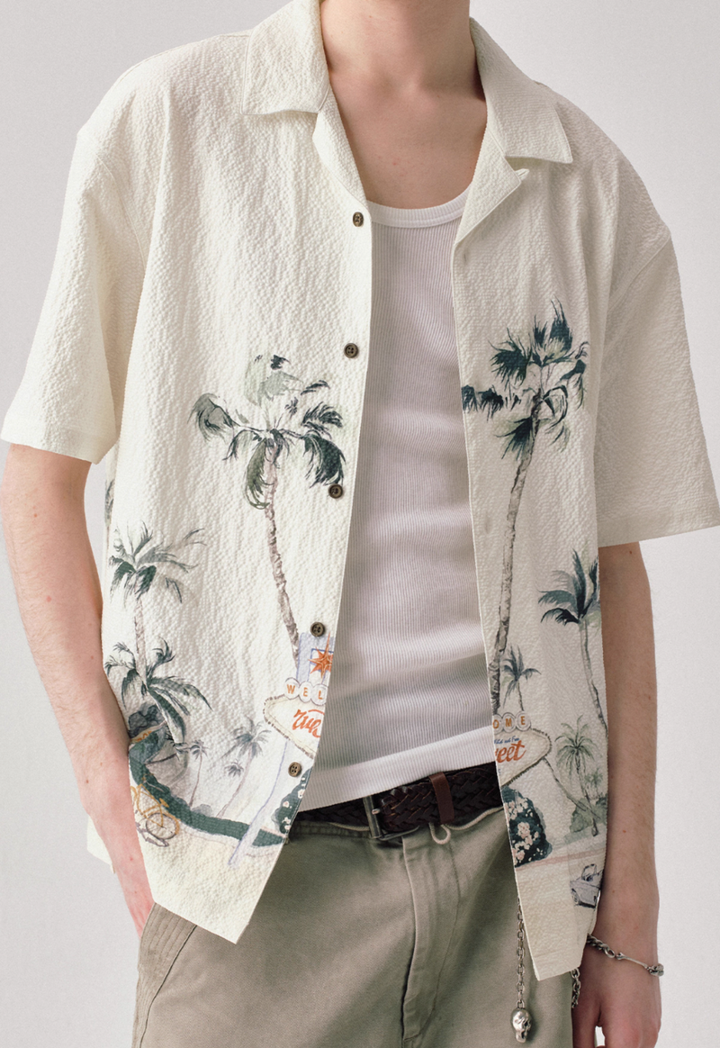 Motel Print Hawaiian Shirt Seersucker | モーテルイラスト アロハ シアサッカー リゾート レトロ  N5399