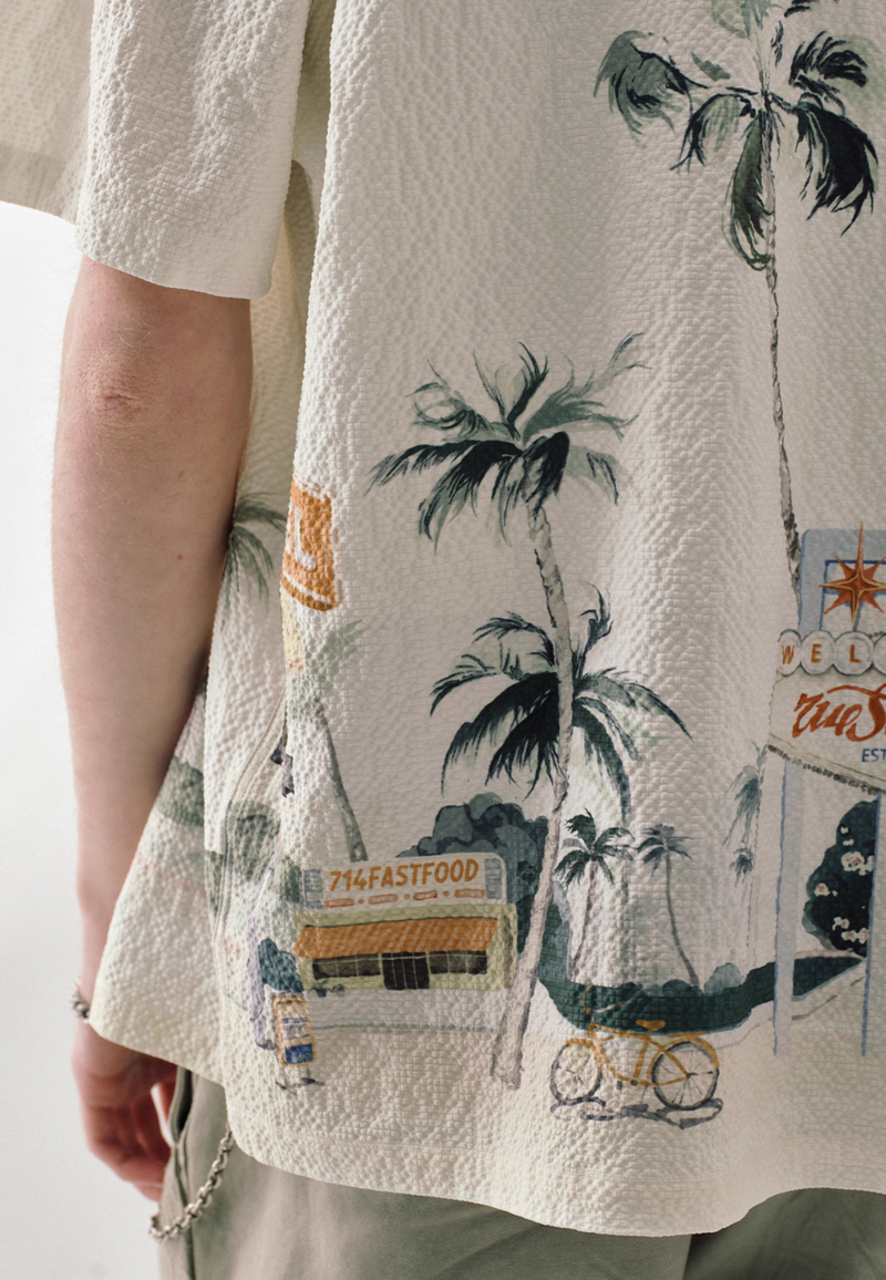 Motel Print Hawaiian Shirt Seersucker | モーテルイラスト アロハ シアサッカー リゾート レトロ  N5399