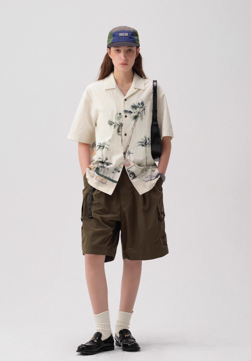 Motel Print Hawaiian Shirt Seersucker | モーテルイラスト アロハ シアサッカー リゾート レトロ  N5399