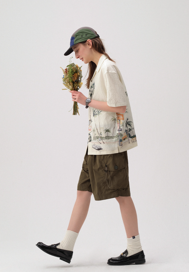 Motel Print Hawaiian Shirt Seersucker | モーテルイラスト アロハ シアサッカー リゾート レトロ  N5399