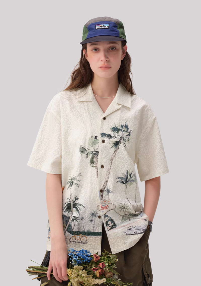 Motel Print Hawaiian Shirt Seersucker | モーテルイラスト アロハ シアサッカー リゾート レトロ  N5399