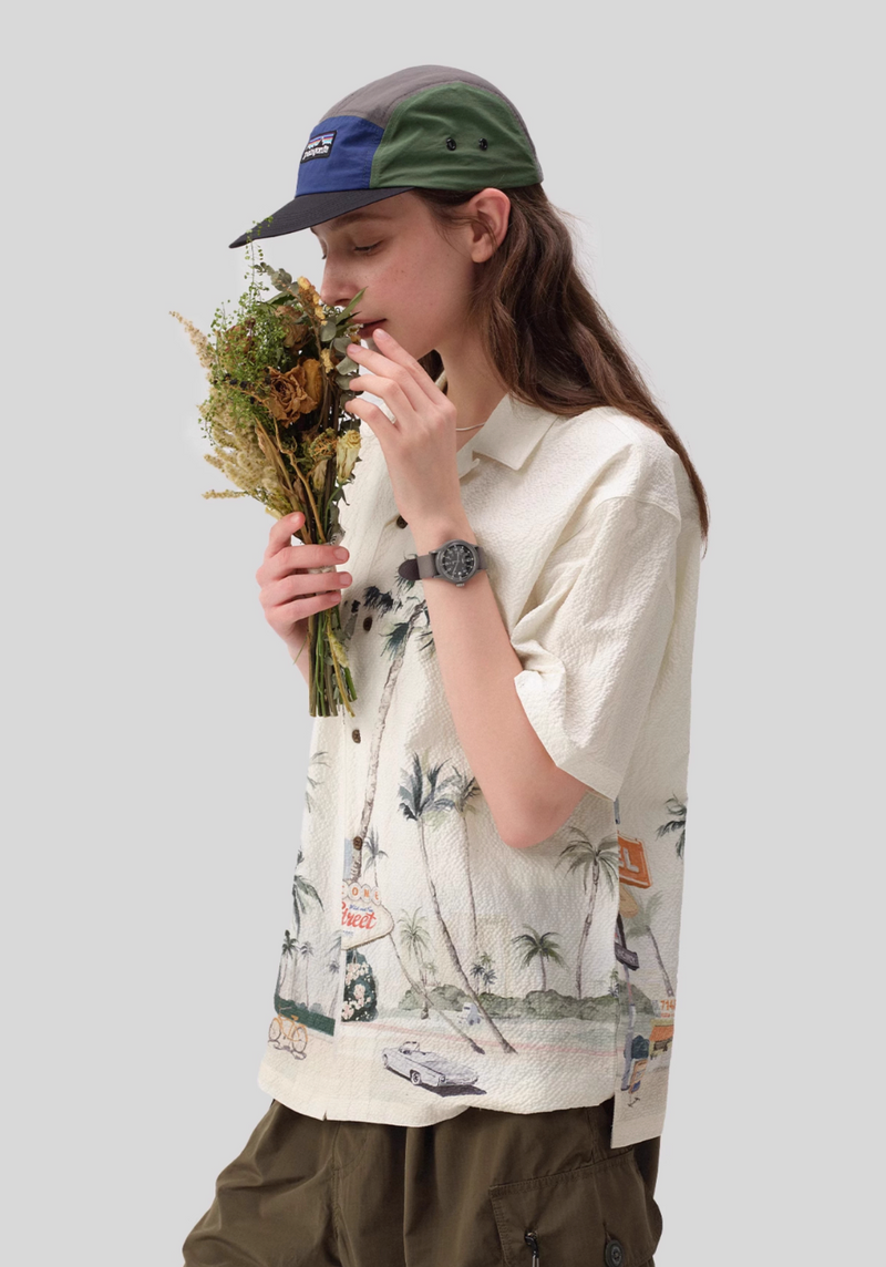 Motel Print Hawaiian Shirt Seersucker | モーテルイラスト アロハ シアサッカー リゾート レトロ  N5399