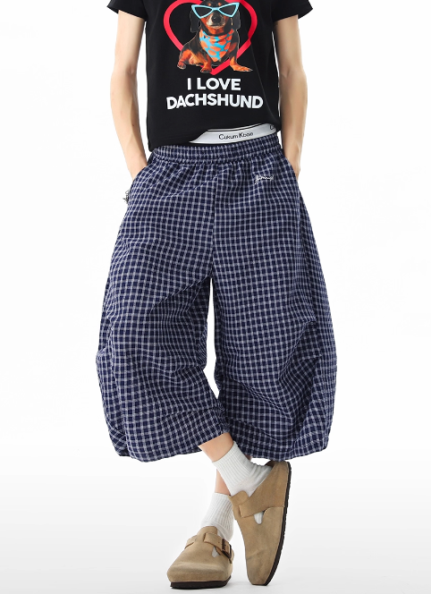 Dark blue checked cropped pants N5523