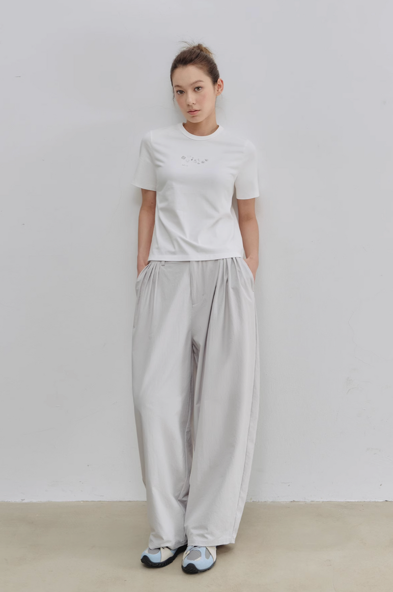 軽量 ワイドタック ナイロン バルーンパンツ / Light grey wide leg pants   N5576