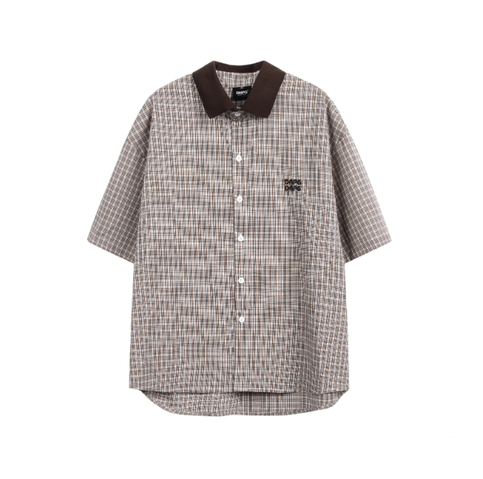 コーデュロイ襟 チェック柄 刺繍 半袖シャツ / Check Shirt   N5585