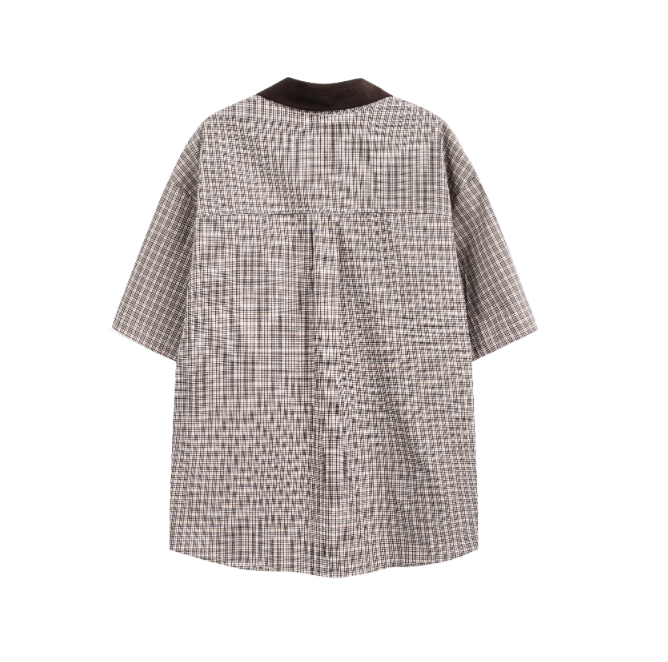 コーデュロイ襟 チェック柄 刺繍 半袖シャツ / Check Shirt   N5585