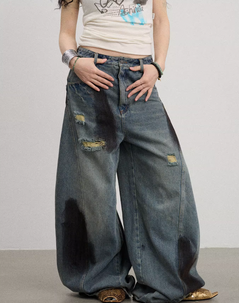 ダーティーウォッシュ ダメージ ワイドデニムパンツ / Dirty distressed denim pants   N5589